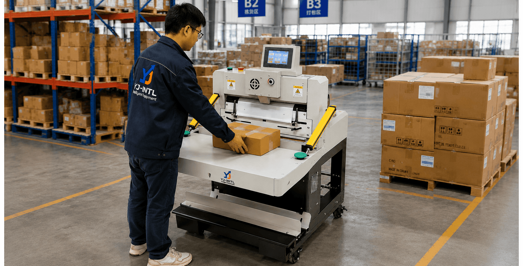 Automated parcel bagging machine in e-commerce fulfillment warehouse