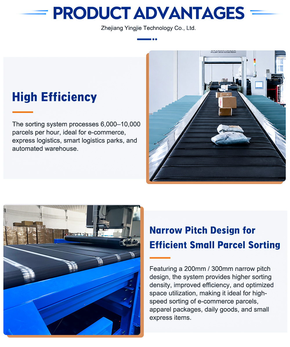 Linear Narrow Belt Sorter in Logistics Warehouse