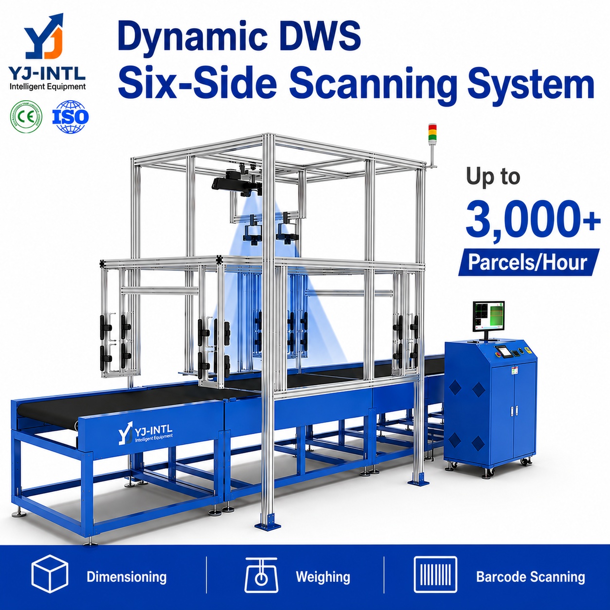 Automated parcel dimension measurement and barcode scanning equipment