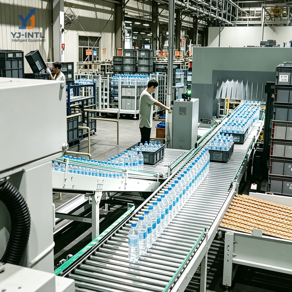Industrial roller conveyor system in logistics warehouse