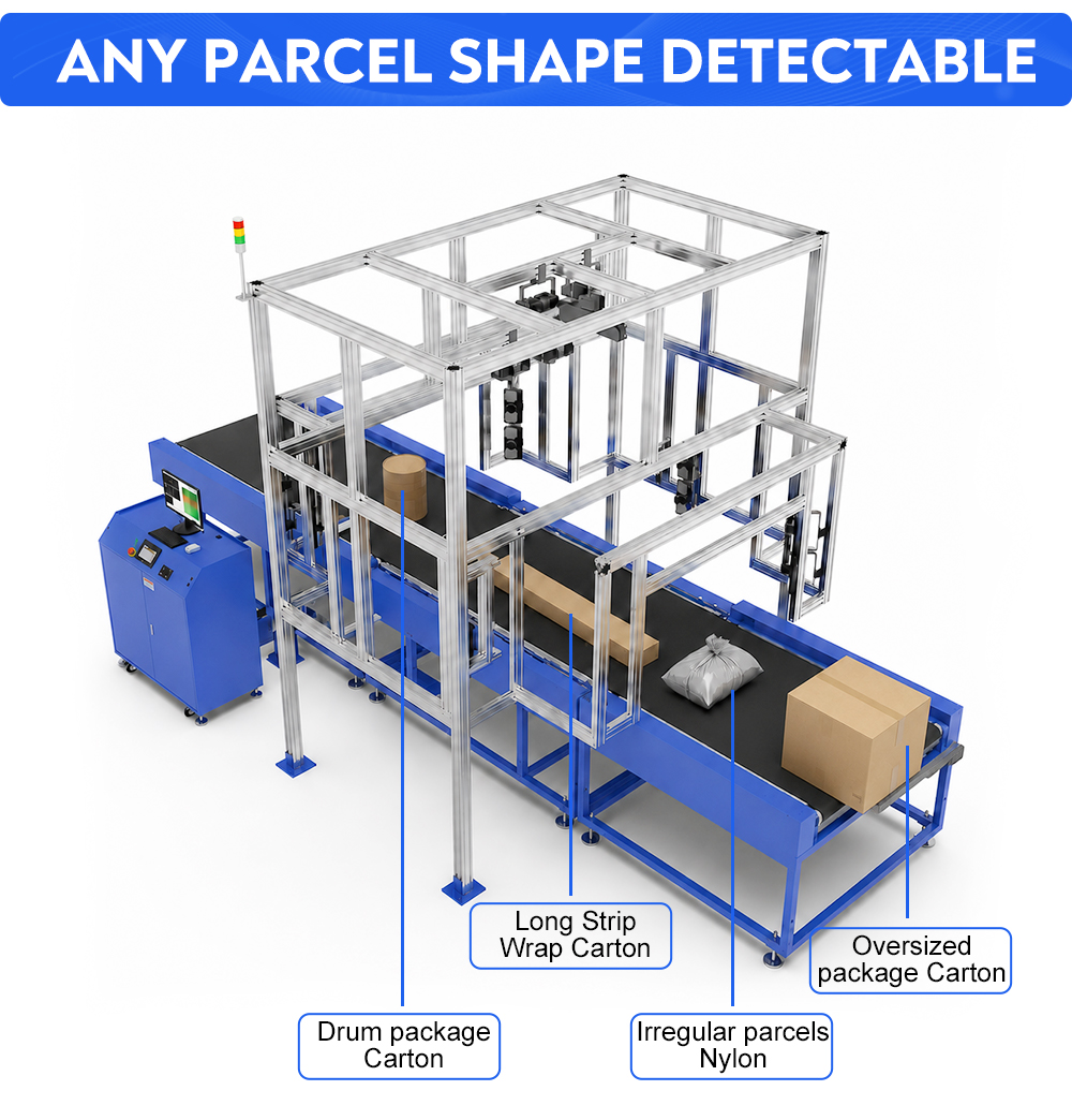 Automated parcel dimension measurement and barcode scanning equipment