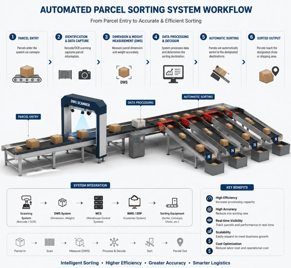 automated parcel sorting system workflow from scanning to sorting